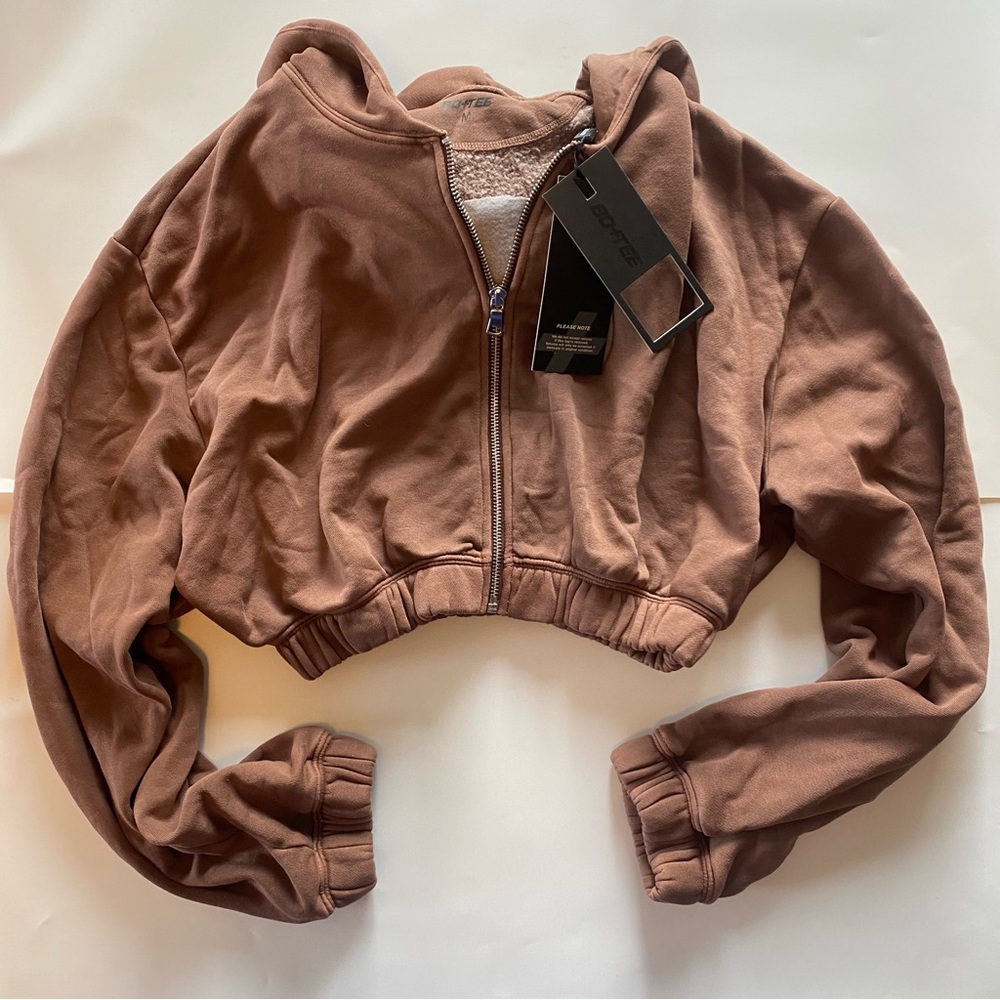 Bo+Tee /Oh Polly Vintage Sport Collection Crop Hoodie Full ZIP Brown Sz M NWT - Picture 7 of 14